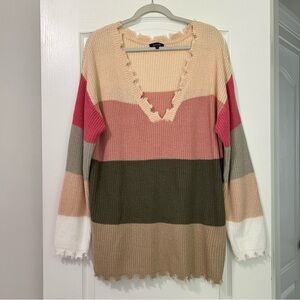 Amaryllis Boutique Pink and Tan Color Block Raw Hem Oversized V-Neck Sweater